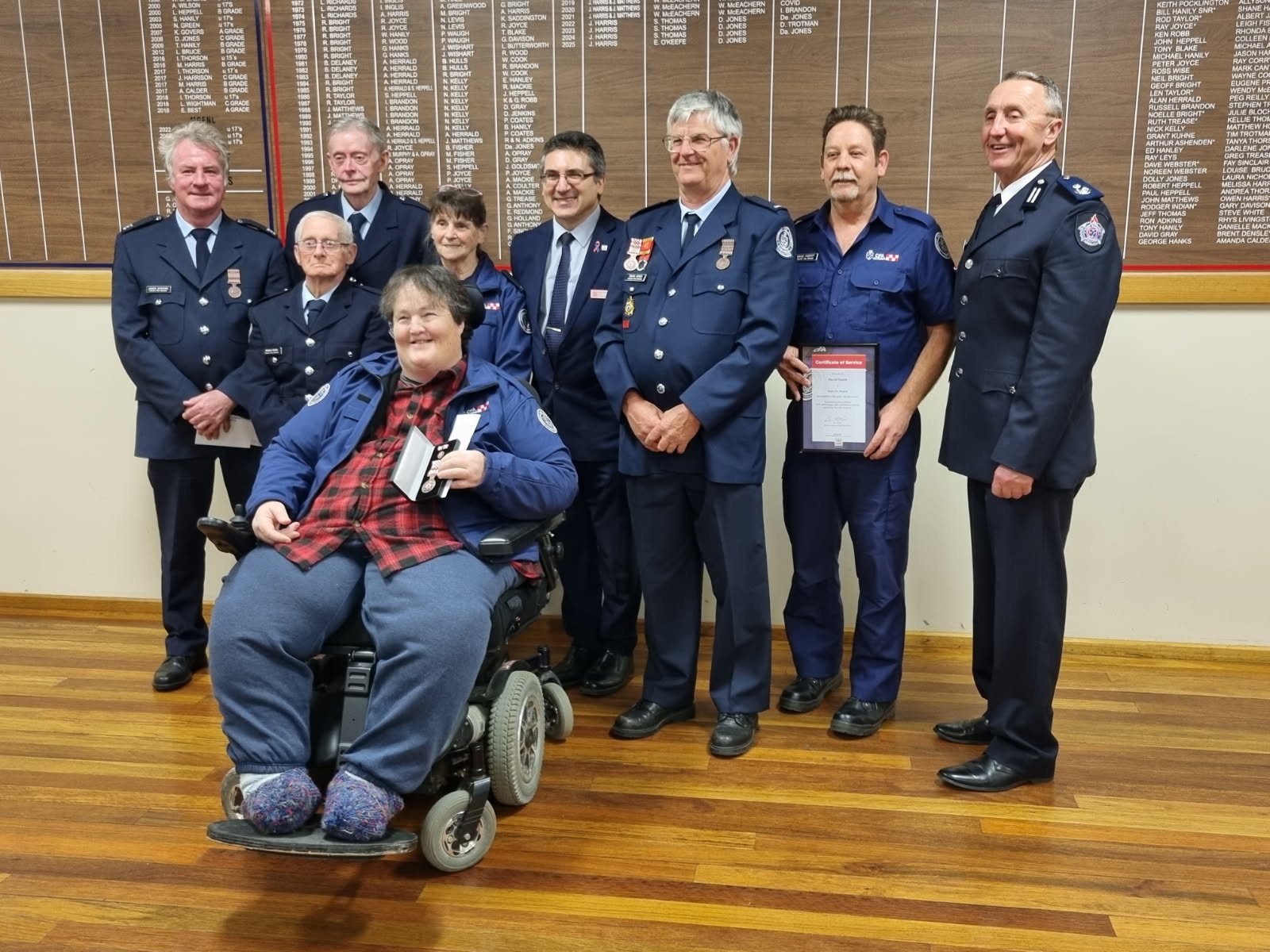 A large contingent of Foster members were presented with their service awards, they included, from left, James McIntyre (30 years), John McKay (15 years), Ron Fisher (50 years), Lorinda Gardiner (10 years), second from left, David Footitt (5 years),